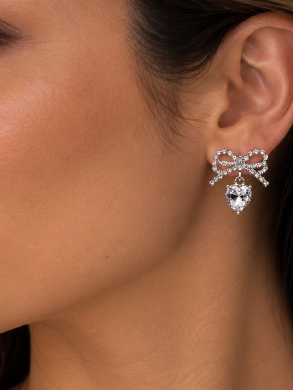 💎 NWOT Rhinestone Bow Heart Drop Earrings Silver Tone Coquette Romantic